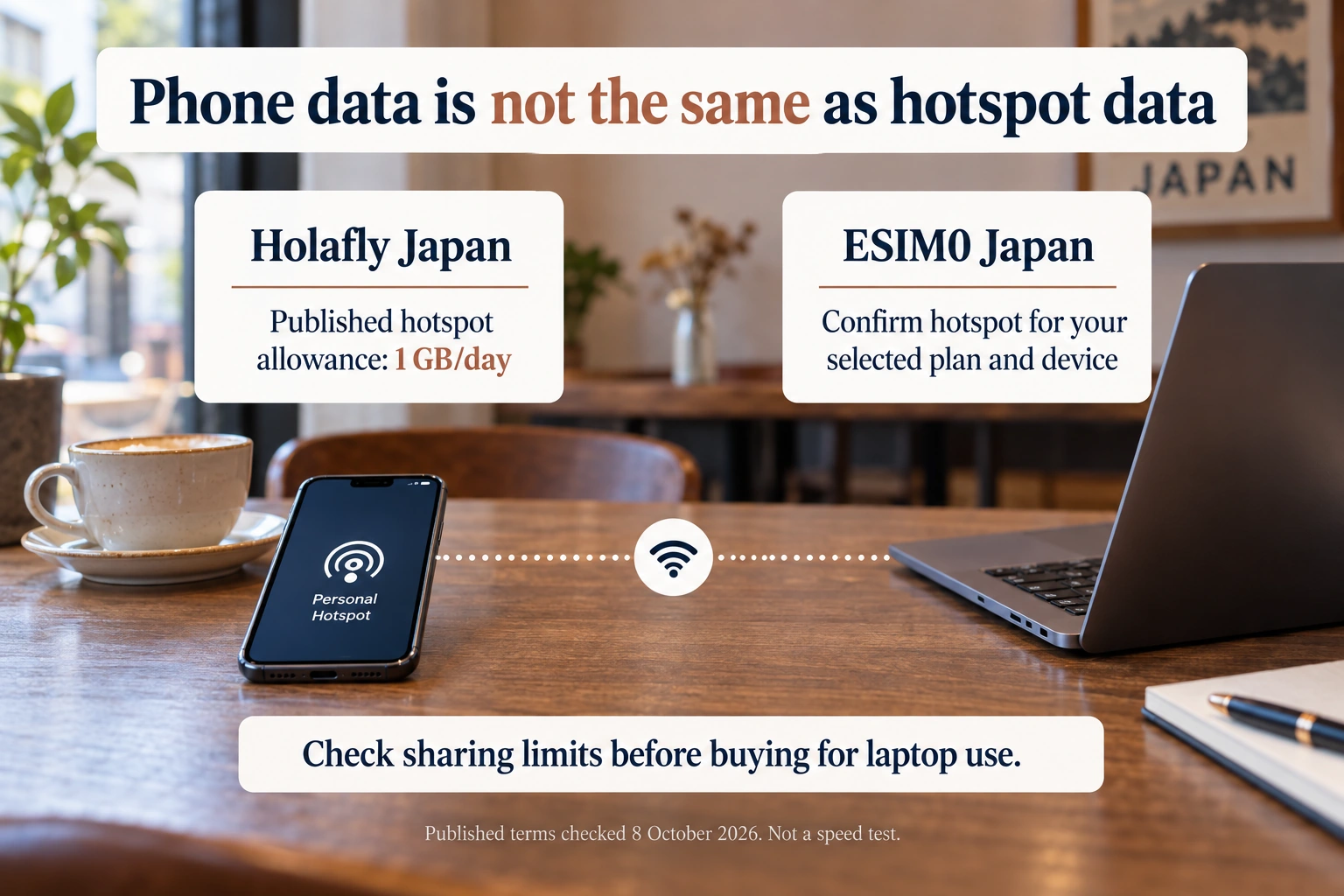 Japan hotspot comparison: Holafly publishes 1 GB/day sharing; confirm hotspot suitability for the selected ESIM0 plan and device.